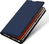 A dark blue flip case for a smartphone, shown from a diagonal angle with the front cover partially open. Produktbild-Vorschau