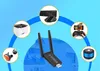 A collage of computer peripherals and accessories arranged around a central USB Wi-Fi adapter, against a blue background. Produktbild-Vorschau
