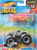 A Hot Wheels Monster Trucks toy set featuring a monster truck and a crushed car, displayed in its retail packaging against a colorful background. Náhľad obrázku produktu