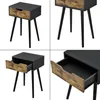 A collage of four images showing a black and dark wood-tone nightstand from different angles, with one drawer open. Náhled obrázku produktu