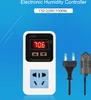 A product shot of an electronic humidity controller with a digital display, along with its power plug and sensor. Náhľad obrázku produktu