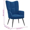 A blue velvet armchair with dimensions indicated by purple lines and text. Náhled obrázku produktu