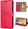A collage of images showing a red flip phone case with floral and butterfly designs, and a Samsung Galaxy A23 5G phone inside. Produktbild-Vorschau
