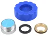 A set of plumbing parts, including a faucet aerator, a blue tool, a rubber washer, and a brass fitting, arranged on a white background. Produktbild-Vorschau