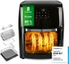 A black air fryer with a rotisserie chicken inside, shown with accessories on the side. Produktbild-Vorschau