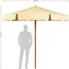A beige octagonal patio umbrella with a wooden pole, shown with a silhouette of a person for scale. Voir les images du produit