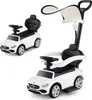 Two white Mercedes-Benz ride-on cars for children, one with a push handle and canopy, are displayed against a white background. Produktbild-Vorschau