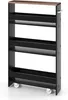 A black and brown narrow shelving unit with wheels and a handle, shown against a white background. Podgląd zdjęcia produktu