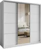 A white sliding door wardrobe with a mirrored center panel, reflecting a bedroom scene. Produktbild-Vorschau