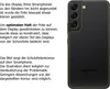 A black smartphone with a protective film outline shown on the back, next to descriptive text. Produktbild-Vorschau