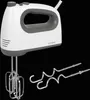 A white and gray hand mixer with its attachments displayed against a black background. Podgląd zdjęcia produktu
