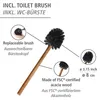 A toilet brush with its handle made of wood and black bristles, shown with callouts highlighting its features. Podgląd zdjęcia produktu
