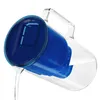 A clear pitcher of water with a blue filter and lid, with water being poured out. Produktbild-Vorschau