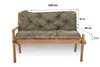 A green cushion on a wooden bench, with dimensions indicated by text and arrows. Produktbild-Vorschau