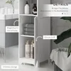 A white bathroom cabinet with various features highlighted by text overlays, placed next to a sink and a plant. Produktbild-Vorschau