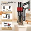 A cordless vacuum cleaner is shown with marketing text and feature callouts. Produktbild-Vorschau