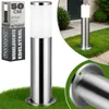 A product collage showing a stainless steel outdoor lamp in different views and settings. Produktbild-Vorschau