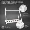 A white tipi-style children's bed frame with a slatted base, shown against a dark gray background. Close-up insets highlight design features. Náhled obrázku produktu