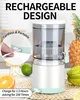 A portable electric juicer is shown with fruits like oranges, limes, pineapples, and starfruit in the background. The juicer is plugged in, indicating it's charging. Produktbild-Vorschau