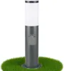 A garden bollard light with an integrated outlet, standing on a patch of grass. Produktbild-Vorschau