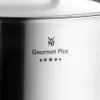 Close-up of a stainless steel pot with branding and product name. Produktbild-Vorschau