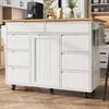 A white kitchen island with a wooden countertop and multiple drawers is shown in a well-lit room with a wooden floor. Voir les images du produit