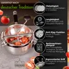 A stainless steel food mill with tomatoes and feature callouts. Produktbild-Vorschau