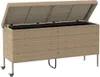 An outdoor storage box with the lid open, showing the interior. The box is made of woven material and has wheels. Náhled obrázku produktu