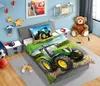 A child's bedroom with a bed featuring tractor-themed bedding, a teddy bear, and toys. Produktbild-Vorschau