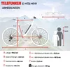 Diagram showing the dimensions of a Telefunken E-MTB M919 electric mountain bike, with accompanying text and icons representing people and weight. Produktbild-Vorschau