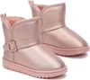 A pair of pink winter boots shown against a white background.
