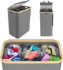 Collage of a grey laundry basket with a lid, showing it open and closed, and a close-up of the interior with dividers and laundry. Produktbild-Vorschau