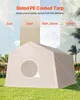 A tan colored storage tent is shown in a grassy yard, with a background split into sections representing sun, dust, rain/snow, and wind. Anteprima dell’immagine prodotto