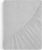 A close-up view of a light gray fitted sheet, showing the texture of the fabric and the elasticated edge. Produktbild-Vorschau