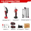A collage of product images showing a cordless chainsaw, a cordless pruning shear, extension poles, accessories, batteries, and a charger. Produktbild-Vorschau