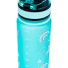 A close-up view of a turquoise water bottle with rainbow and confetti decorations. Podgląd zdjęcia produktu