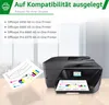 A printer is shown with printed documents, and a list of compatible printers is displayed. Produktbild-Vorschau