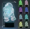 A collage of a 3D LED lamp shaped like R2-D2, showing it in various colors and with size indicators. Produktbild-Vorschau
