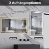 A bathroom scene showing two illuminated mirrors, one horizontal and one vertical, with text overlays indicating mounting options. Produktbild-Vorschau