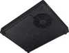 The underside of a black induction cooker is shown, tilted on a white background. A circular fan vent is visible in the center, along with several feet supporting the appliance. Voir les images du produit