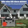 A portable radio with an SOS alarm feature is placed in front of a house on a lawn. Produktbild-Vorschau