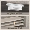 A split image showing two features of a cabinet: a magnetic holder and adjustable shelves. Produktbild-Vorschau