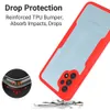 A red and light blue phone case is shown at an angle, with text describing its drop protection features. Produktbild-Vorschau