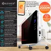 A marketing image for an electric glass convector heater, showcasing its features and control options. Produktbild-Vorschau