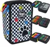 A collage of images showing a pencil case with a checkered pattern and paw prints, and also showing the inside of the pencil case filled with colored pencils and markers. Produktbild-Vorschau