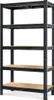 A black metal shelving unit with wooden shelves against a white background. Náhľad obrázku produktu