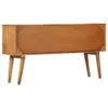 A wooden sideboard with a tan leather front panel and angled legs, presented against a white background. Voir les images du produit