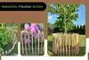 Collage of three images showing wooden garden fences used for different purposes: protecting plants, bordering a flower bed, and surrounding a young tree. Produktbild-Vorschau