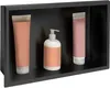 A black bathroom shelf with three bottles of toiletries. Anteprima dell’immagine prodotto