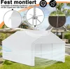 A white carport/storage tent is shown in a garden setting, with close-up insets highlighting its stability features. Náhled obrázku produktu
